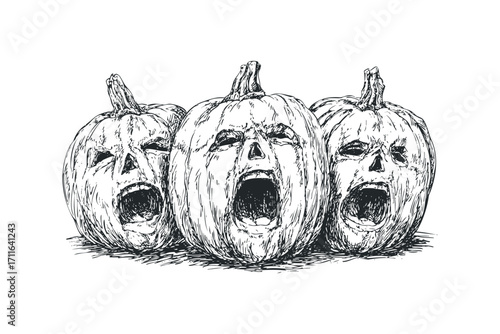 Three carved pumpkins with distressed screaming faces. Vector hand drawn illustration