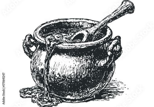 Vintage pot with bubbling liquid and stirring spoon. Vector hand drawn illustration
