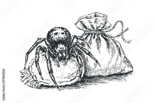 Detailed sketch of a tarantula spider resting on a burlap sack with a drawstring bag beside it. Vector hand drawn illustration