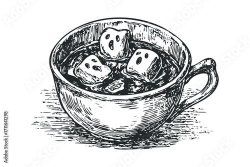 Cup of hot beverage with marshmallows on transparent background. Vector hand drawn illustration