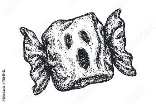 Spooky ghost shaped candy with tied wrapper, hand drawn sketch. Vector hand drawn illustration