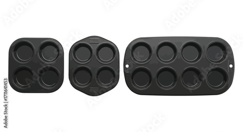 Three black silicone ice cube molds showing different geometric shapes for freezing liquids vector