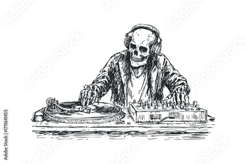 Skeleton DJ with Headphones Spinning Records on Turntable. Vector hand drawn illustration