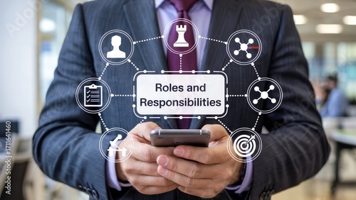 Professional businessman uses smartphone to visualize roles responsibilities strategic business planning in modern office