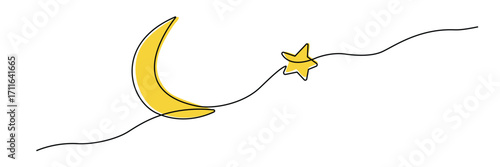 Wallpaper Mural Minimalist continuous line crescent moon with star for Eid Ramadan decor Torontodigital.ca