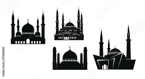 Collection of islamic mosque silhouettes diverse architectural styles for religious and cultural projects vector