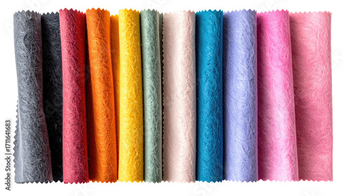 Rolled fabric samples in a spectrum of colors