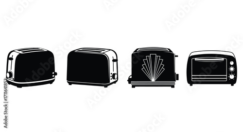 Collection of four diverse toasters showcasing modern appliance design and kitchen technology vector