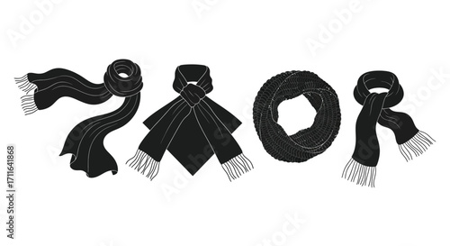 Set of warm black scarves with fringes for winter fashion and cozy accessories vector