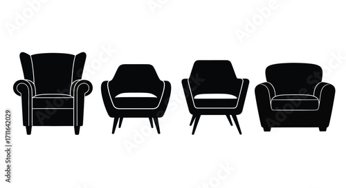 Collection of black armchairs silhouette isolated on minimalist furniture set vector