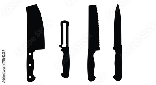 Set of kitchen knives and peeler silhouettes isolated on culinary tools vector