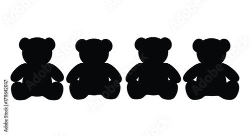 Four black teddy bear silhouettes isolated on representing childhood and play vector