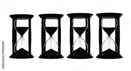 Four black hourglasses side by side representing time passing quickly and urgency vector