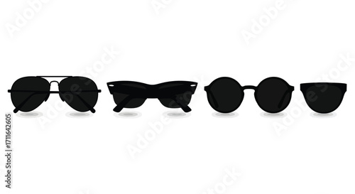 Collection of diverse black sunglasses arranged in a row isolated on white vector