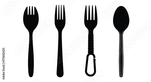 Set of four silhouette utensils cutlery including forks and spoons isolated on white vector