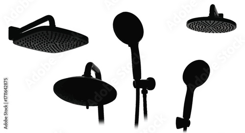 Collection of black silhouette shower heads various shapes and sizes isolated on vector
