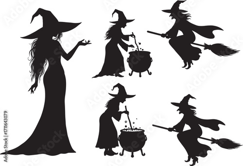 Witch vector set of spooky silhouettes with hats and broomsticks for Halloween creepy background and scary decoration