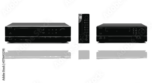 Sleek black electronic devices and remote control set on a white surface with reflections vector