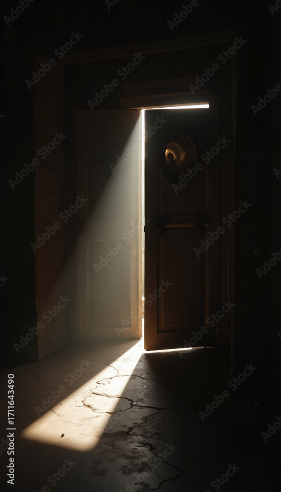 Obraz premium Open door with light beam illuminating the dark room, concept of Eclipse 
