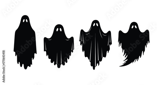Four spooky black ghosts floating with glowing eyes for halloween decorations and design vector