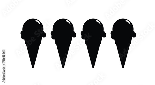 Four black ice cream cones silhouette row sweet frozen dessert treat collection vector