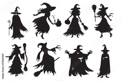 Witch vector set of spooky silhouettes with hats and broomsticks for Halloween creepy background and scary decoration