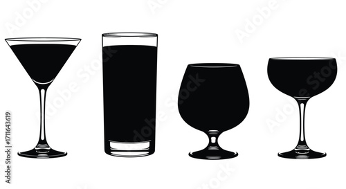 Diverse selection of dark beverages in elegant glassware set against white vector
