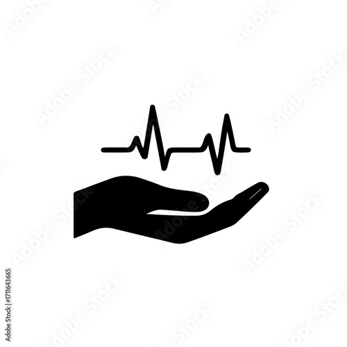 A symbolic and poignant black and white icon of an open hand with a heartbeat line traced on its palm. This design represents the ups and downs of life's struggle, while also conveying the continuous 