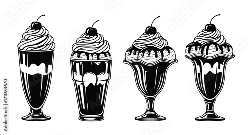 Four delicious ice cream sundaes with whipped cream and cherry topping presented artistically vector