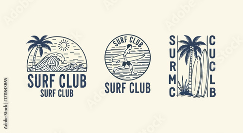 Surf Club logos with waves, surfer, palm trees, and surfboards for a vibrant summer design