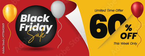 Modern Black Friday Editable Banner Template design for Product Sale, Deals, Discounts, Cyber Monday Sale, Horizontal Web Banner Ads with 3d balloons, curl paper illustration Background