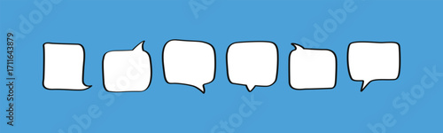 A set of six hand-drawn square speech bubbles with various tails. This collection is perfect for comics, cartoons, and presentations, giving your work a doodle or sketch look. Use it for dialogue