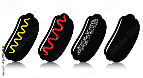 Four glossy black hot dogs with condiments and plain options displayed in a row vector