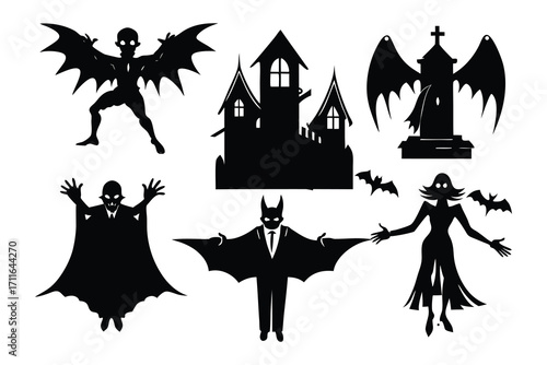 Haunted house silhouette with flying bats and graveyard vector illustration for Halloween spooky night design
