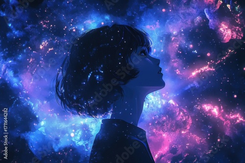 Young woman gazing upwards into vibrant cosmic nebula, contemplating dreams and the universe's vastness