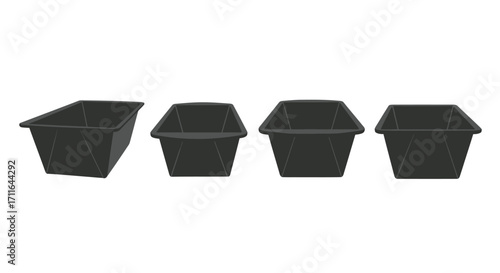 Four black plastic storage containers in different shapes and sizes arranged in a row vector