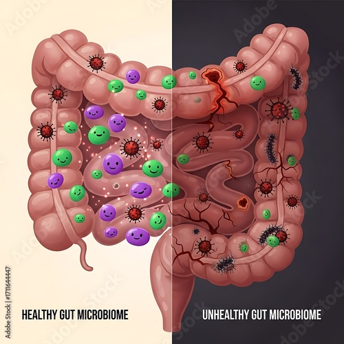 Healthy Gut Microbiome vs Unhealthy Gut Microbiome.