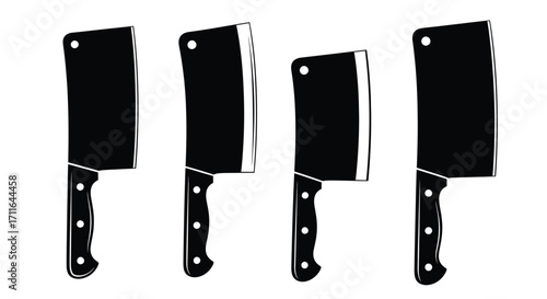Four distinct black cleavers with textured handles showcase culinary power and precision vector