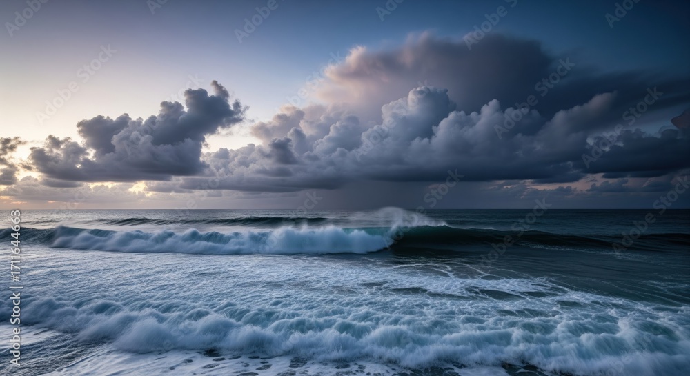 Fototapeta premium Dramatic coastal sunset with powerful waves and stormy clouds