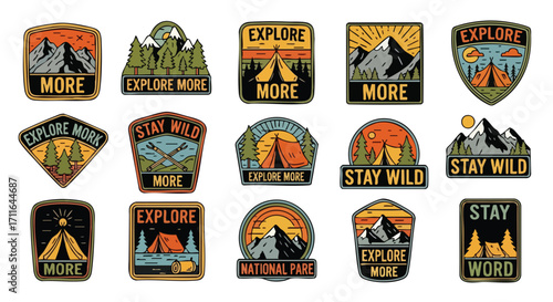 Vintage camping badges with mountains, tents, and outdoor adventure themes, perfect for branding