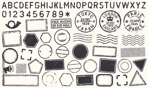 Retro Grunge Travel Postage Stamps Frames Shape Set With Letters. Black Text Postal Round And Square Empty Stamp Border Pack. Blank Post Stamp Template Grunge Ink Rubber Labels Collection. Vector