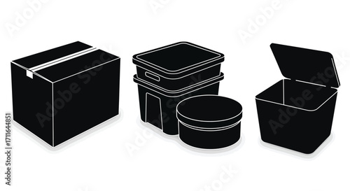 Collection of various black food storage containers with lids on a clean white surface vector