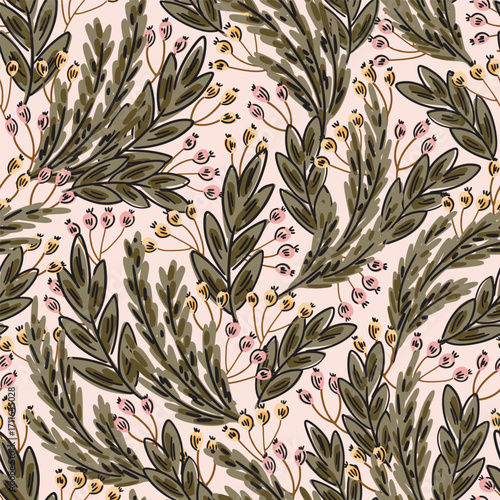 Wild berries with leaves and stems forming a Christmas maximalist foliage pattern in colors of green, black, pink and yellow on off pink. Holiday seamless vector pattern. Great for home decor, fabric.
