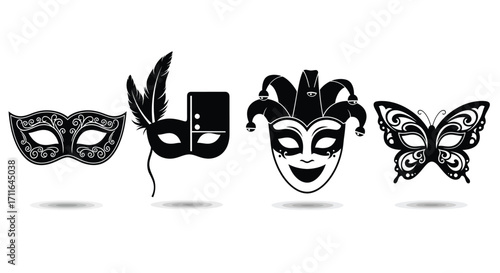 Collection of four masquerade masks and butterfly silhouette for festive celebrations vector