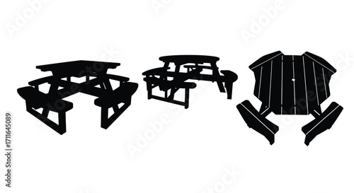 Silhouette picnic table set outdoor furniture isolated elements for park or garden design vector
