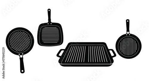Set of four grilling pans with different shapes and handles for cooking delicious barbecued foods vector