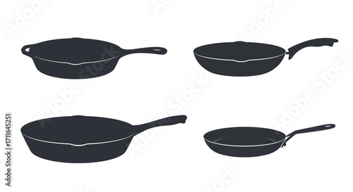 Collection of four black cast iron skillets kitchenware cooking utensils isolated on white vector