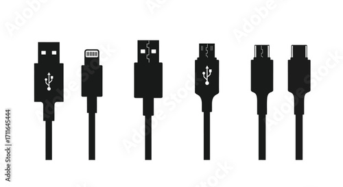 Collection of six different usb cable connectors and types for electronics charging and data transfer vector