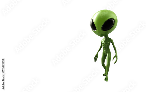 Small green alien creature with large black eyes isolated on transparent background