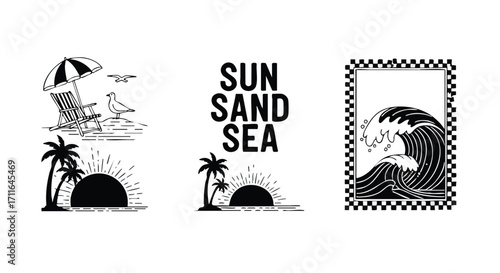 Beach vibes with sun, sand, and sea illustrations perfect for summer designs and travel
